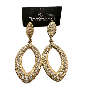 New Rommanel gold tone rhinestone studded dangle post leaf earrings